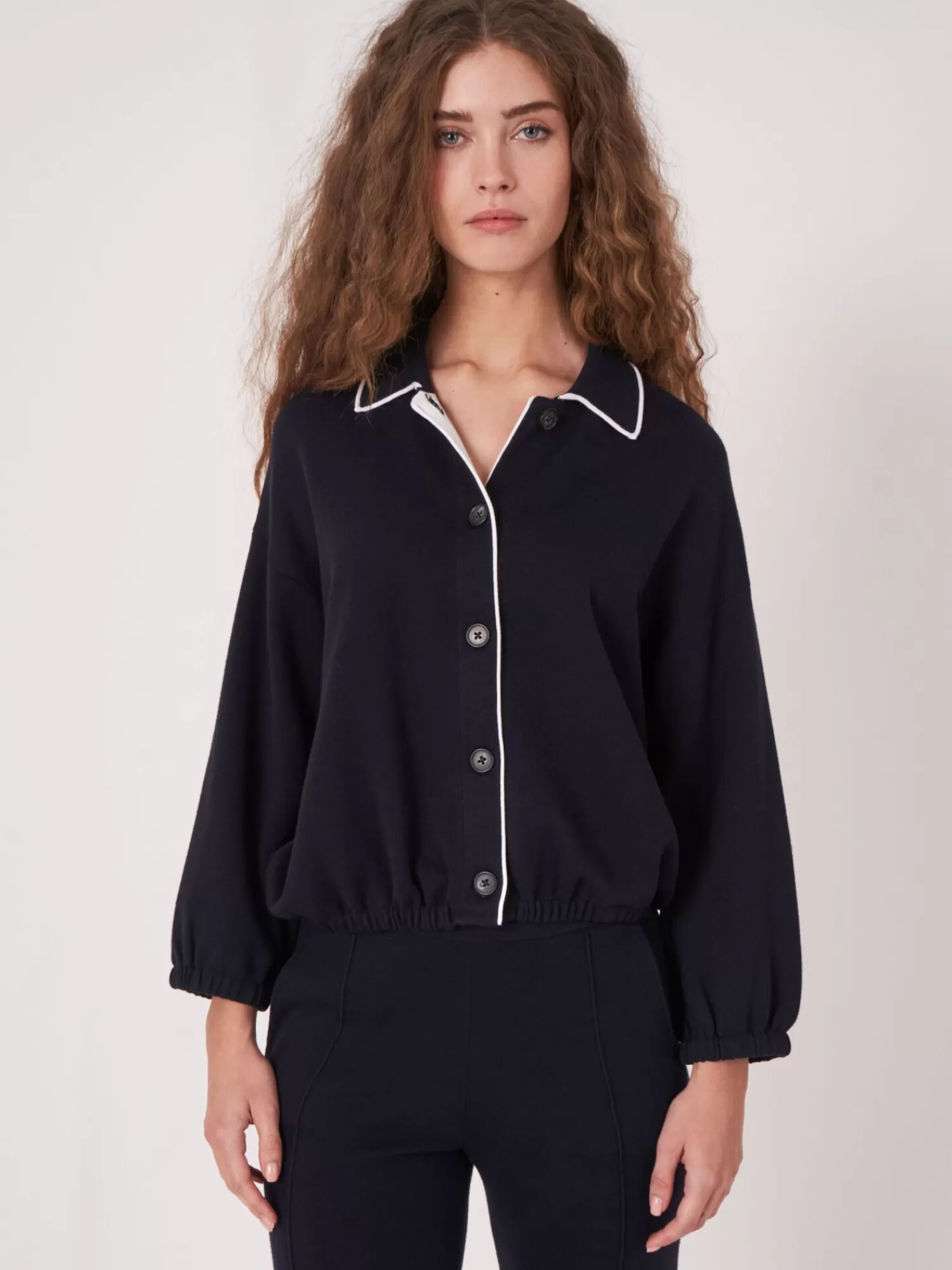 REPEAT cashmere Strickjacken>Strickjacke Mit Hemdkragen Und Kontrastierendem Saum Navy