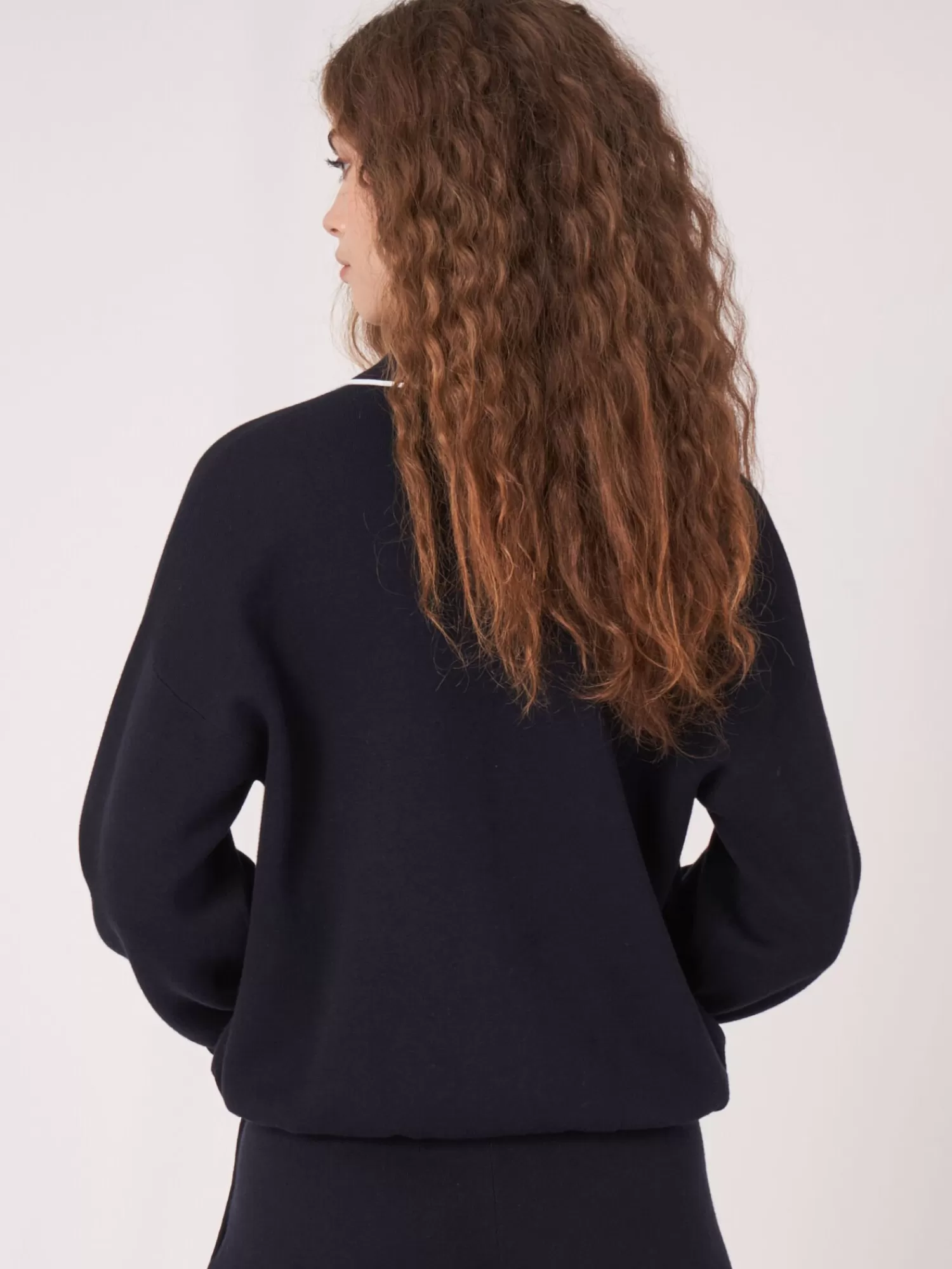 REPEAT cashmere Strickjacken>Strickjacke Mit Hemdkragen Und Kontrastierendem Saum Navy