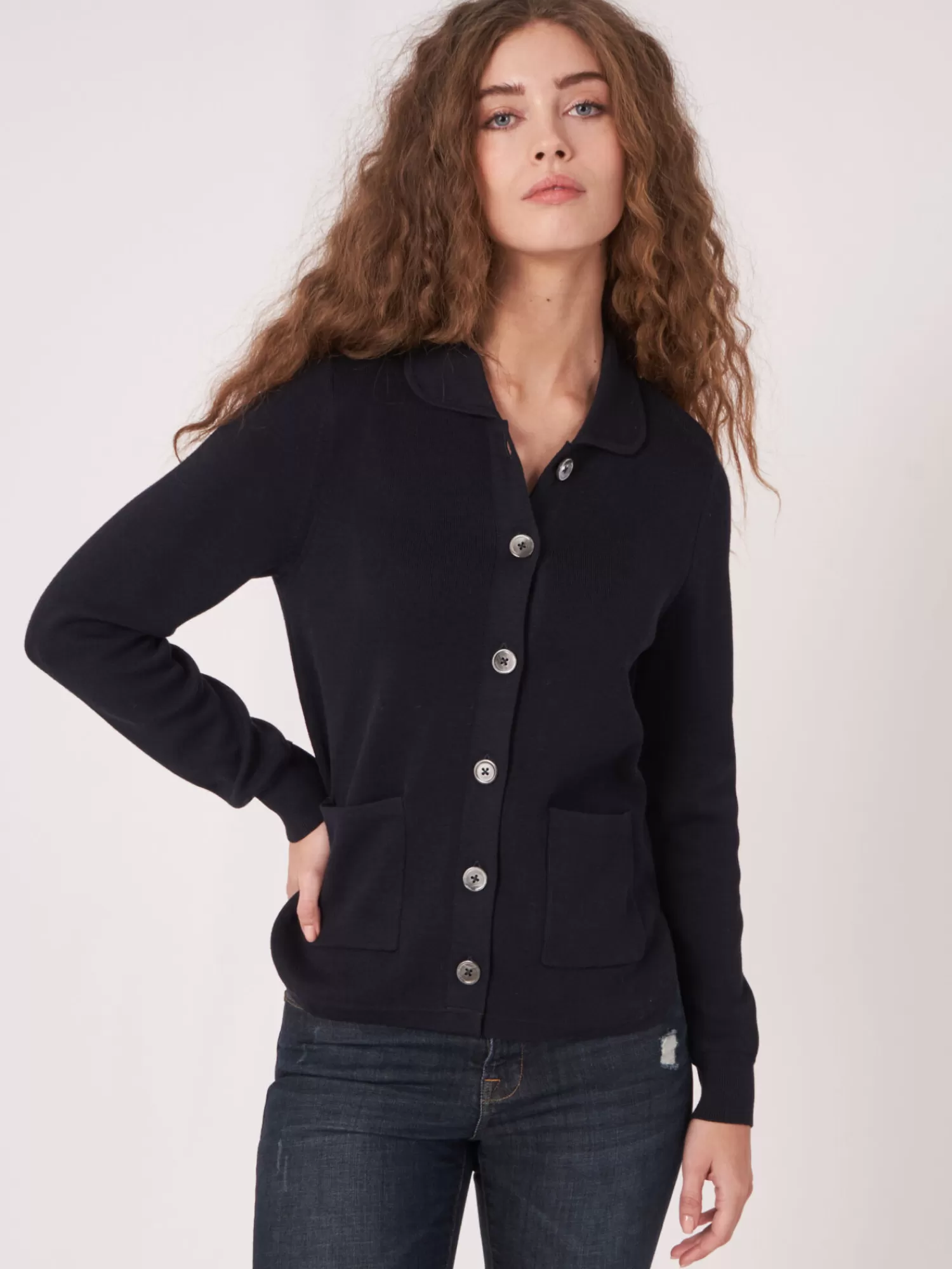 REPEAT cashmere Strickjacken>Strickjacke Mit Hemdkragen Und Taschen Navy