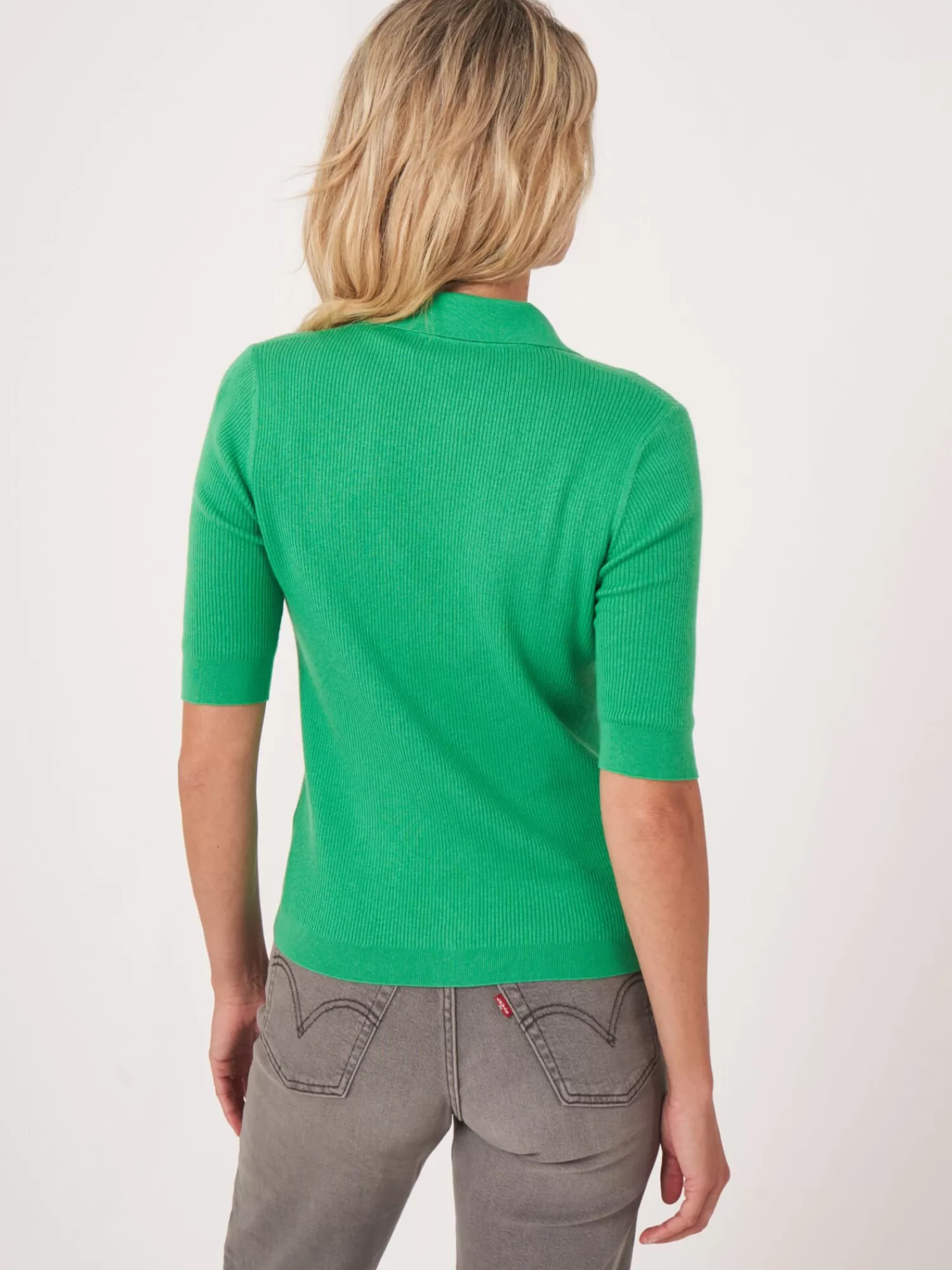 REPEAT cashmere Strickjacken>Strickjacke Mit Polokragen Und Kurzen Armeln Aus Superfeinem Rippenstrick Basil