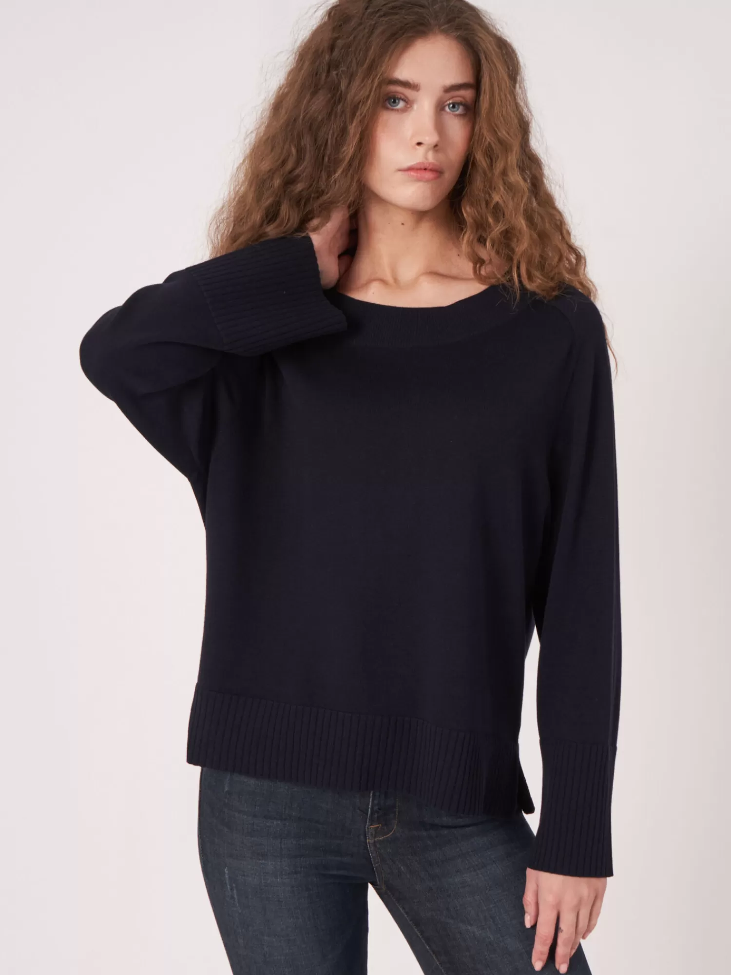 REPEAT cashmere Pullover>Strickpulli Mit Breitem Rippensaum Navy