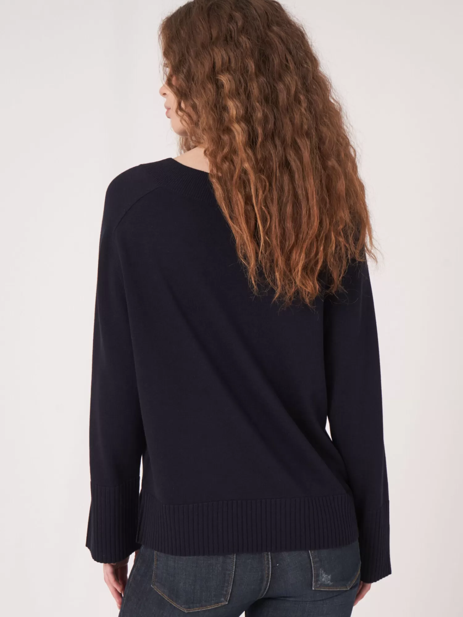 REPEAT cashmere Pullover>Strickpulli Mit Breitem Rippensaum Navy