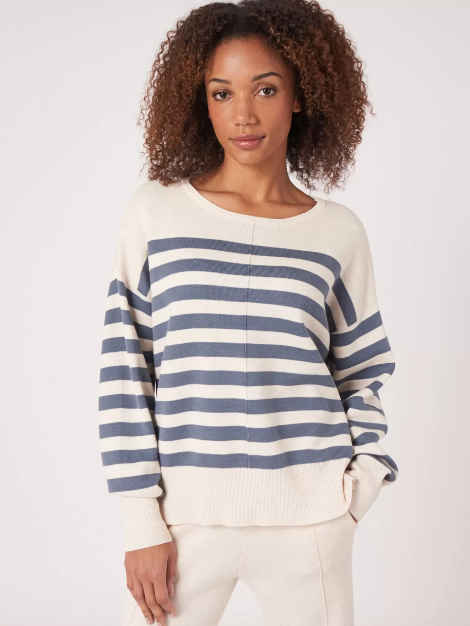 REPEAT cashmere Pullover>Strickpullover Aus Baumwollmischung Mit Streifen Denim