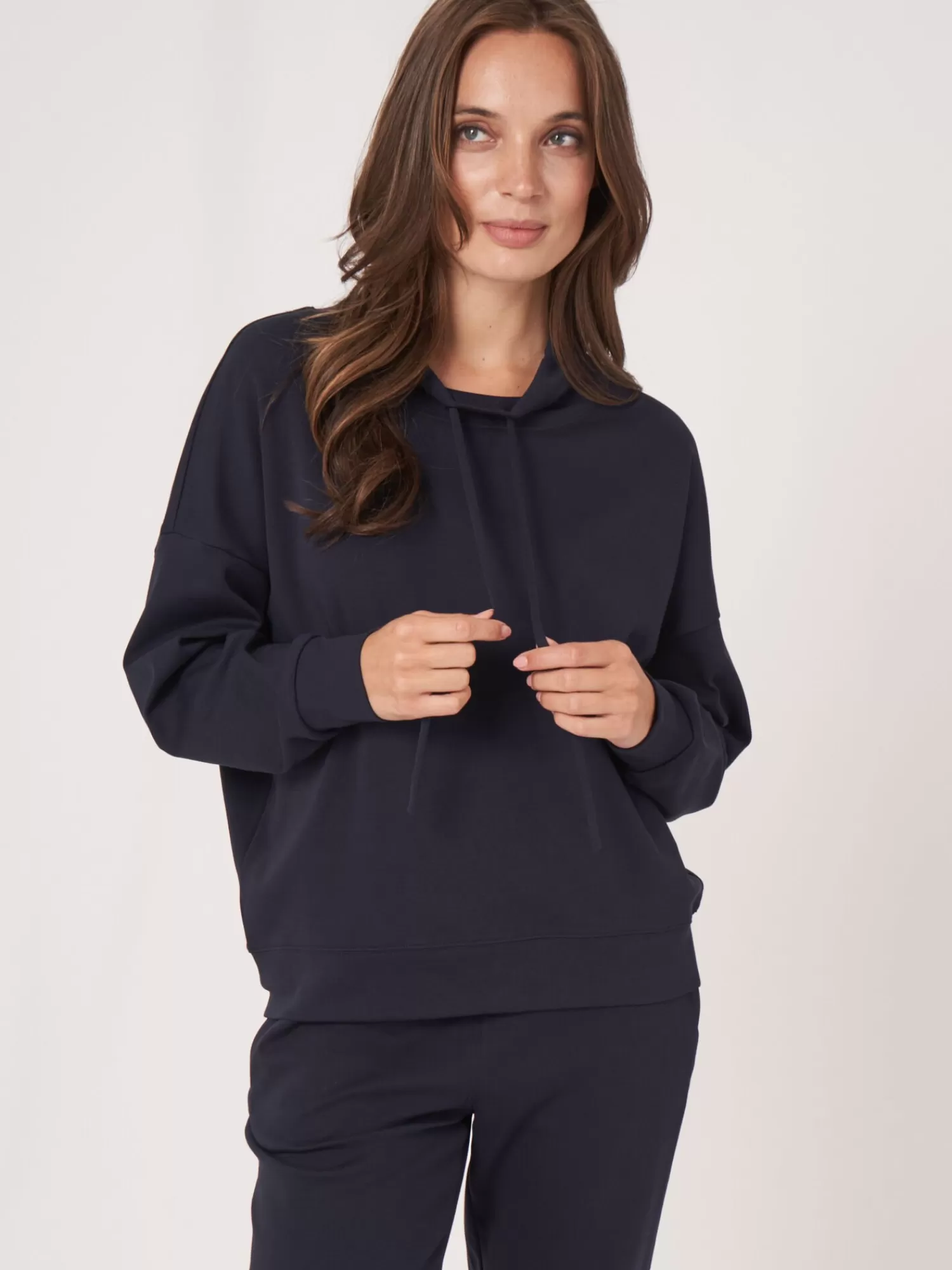 REPEAT cashmere Tops>Sweatshirt Aus Baumwollmischung Mit Kordelzug Navy