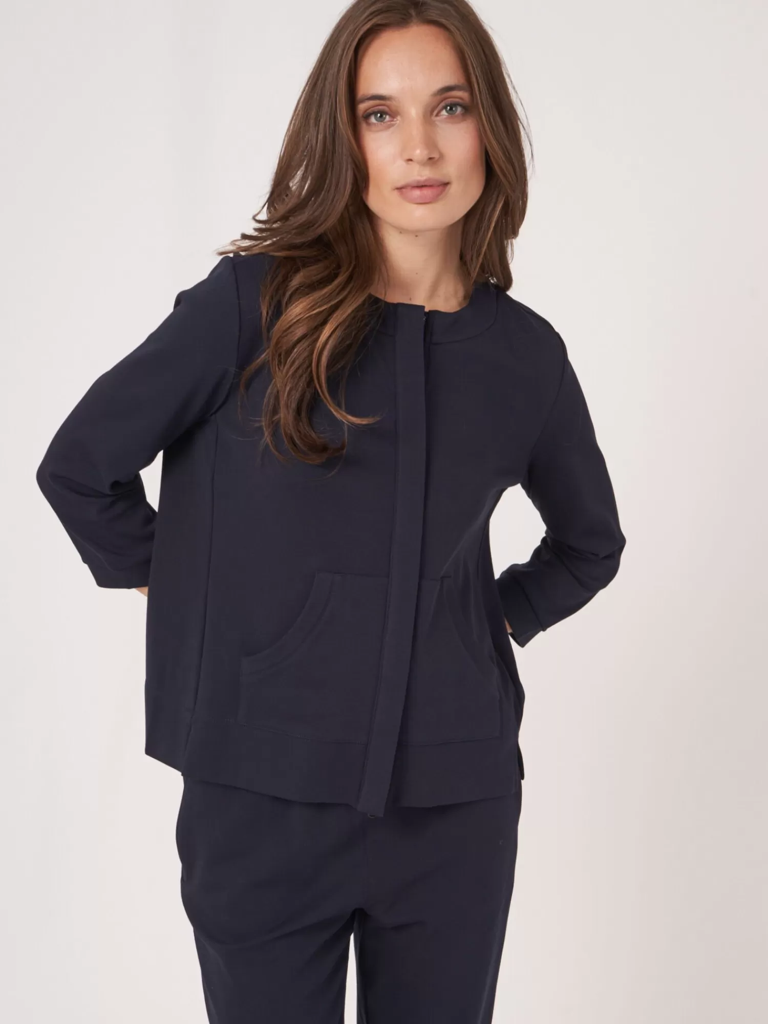 REPEAT cashmere Tops>Sweatshirt-Jacke Mit Verdeckter Knopfleiste Aus Baumwollmischung Navy