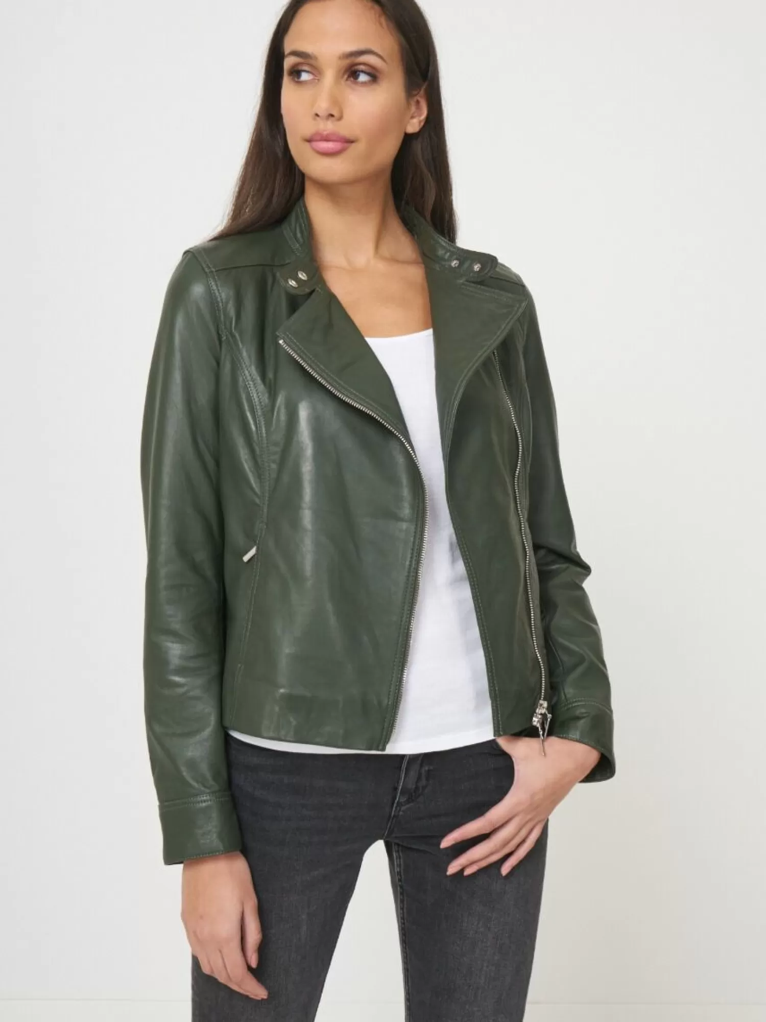 REPEAT cashmere Leder>Taillierte Biker-Lederjacke Seaweed