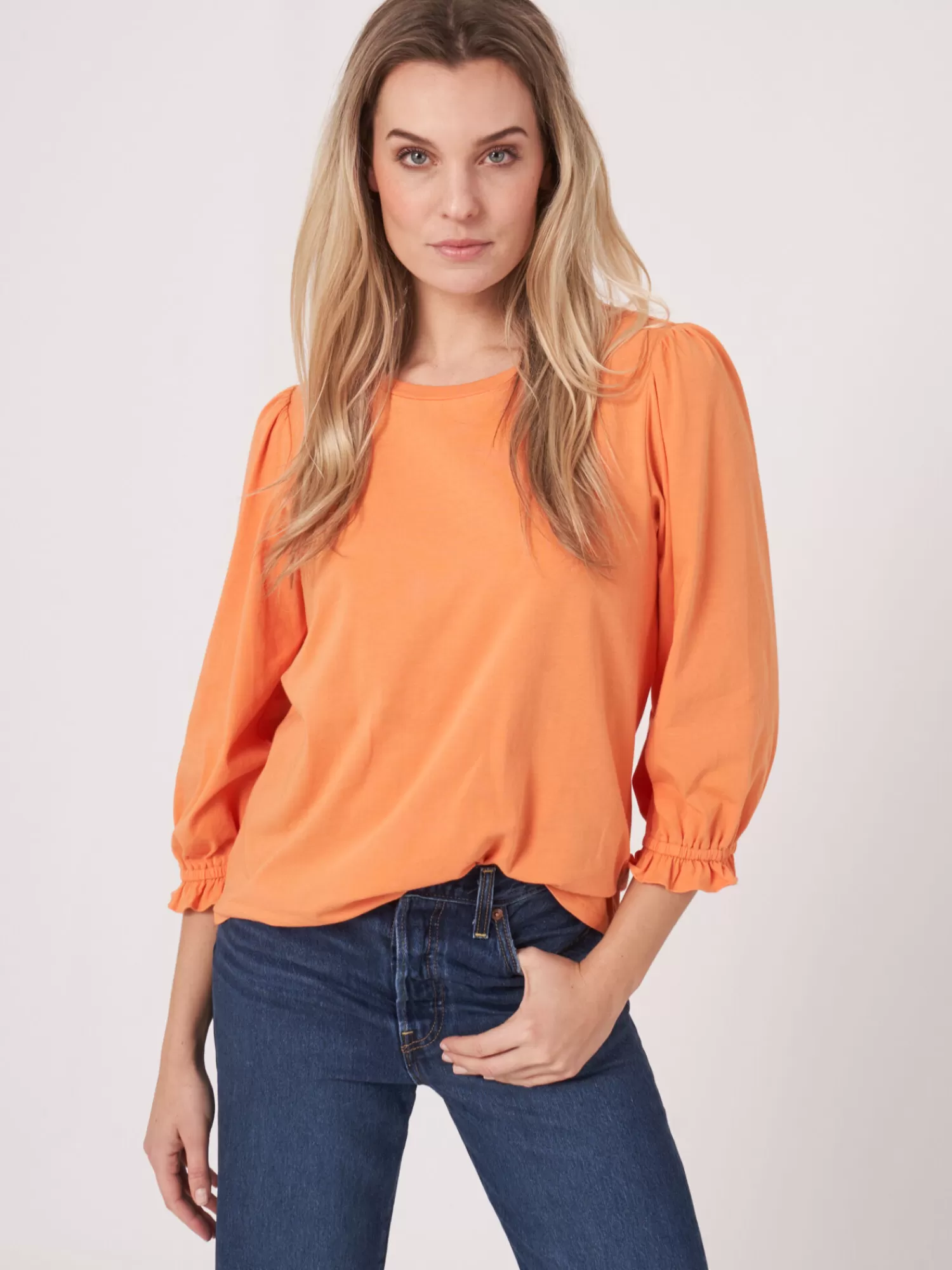 REPEAT cashmere Tops>T-Shirt Mit 3/4-Armeln Mit Elastischem Bundchen Und Rusche Papaya