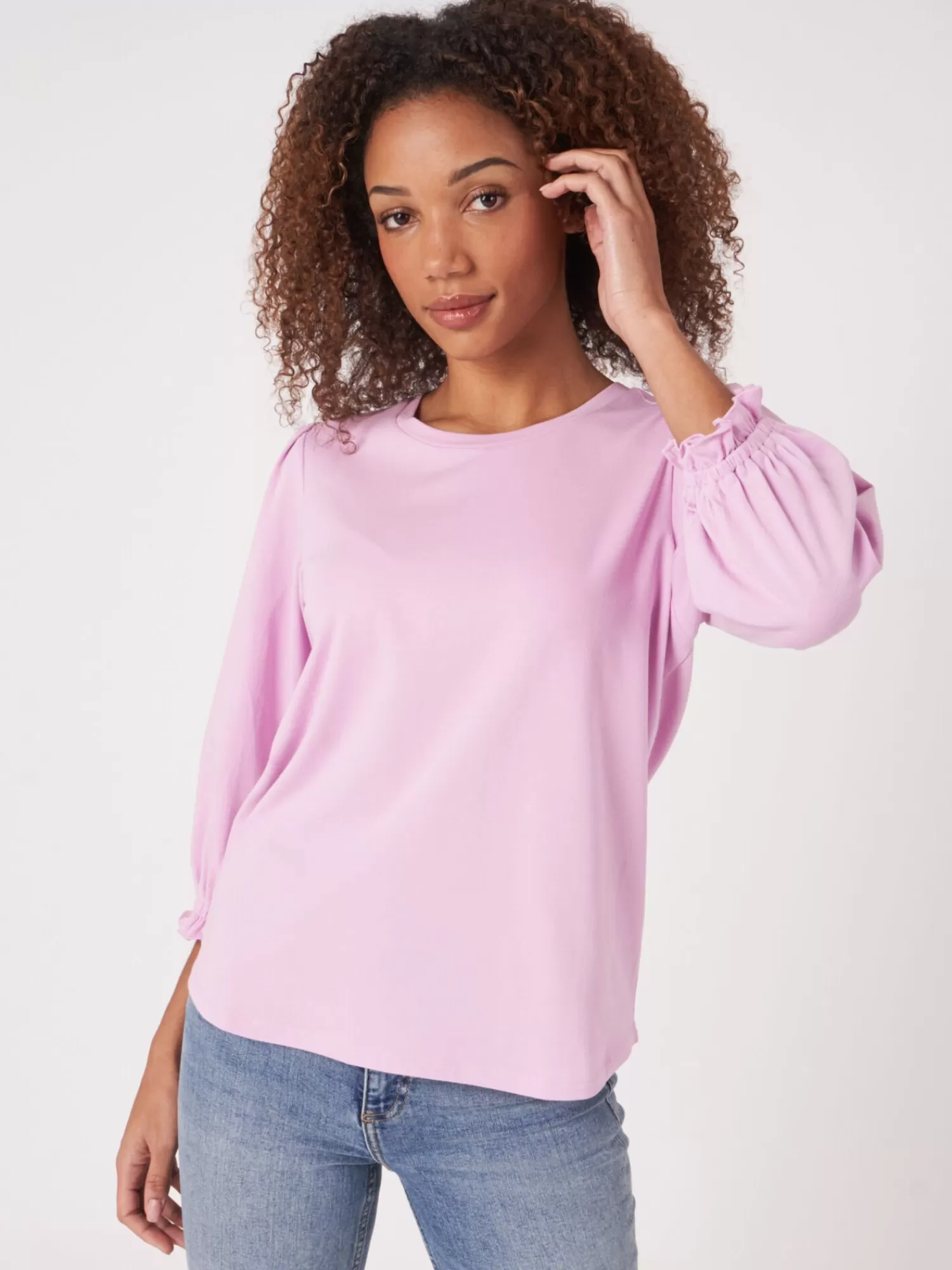 REPEAT cashmere Tops>T-Shirt Mit 3/4-Armeln Mit Elastischem Bundchen Und Rusche Orchid