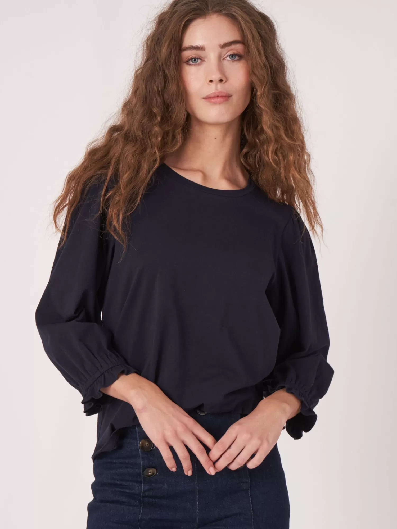 REPEAT cashmere Tops>T-Shirt Mit 3/4-Armeln Mit Elastischem Bundchen Und Rusche Navy