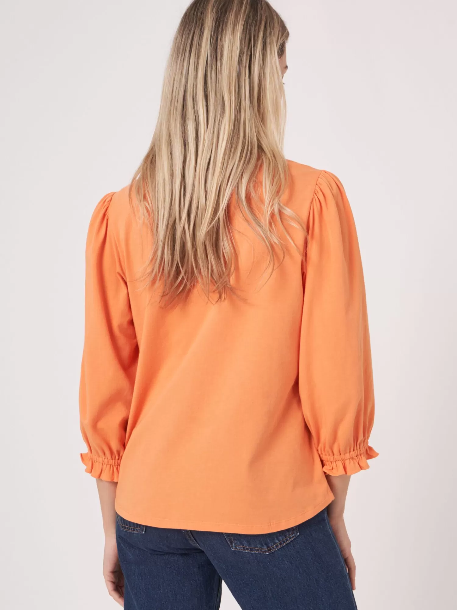 REPEAT cashmere Tops>T-Shirt Mit 3/4-Armeln Mit Elastischem Bundchen Und Rusche Papaya