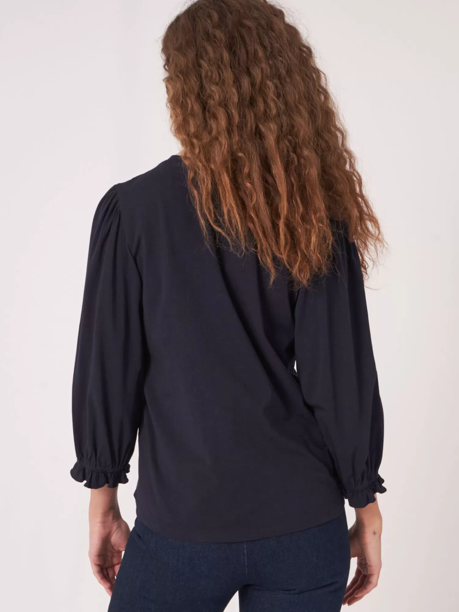 REPEAT cashmere Tops>T-Shirt Mit 3/4-Armeln Mit Elastischem Bundchen Und Rusche Navy