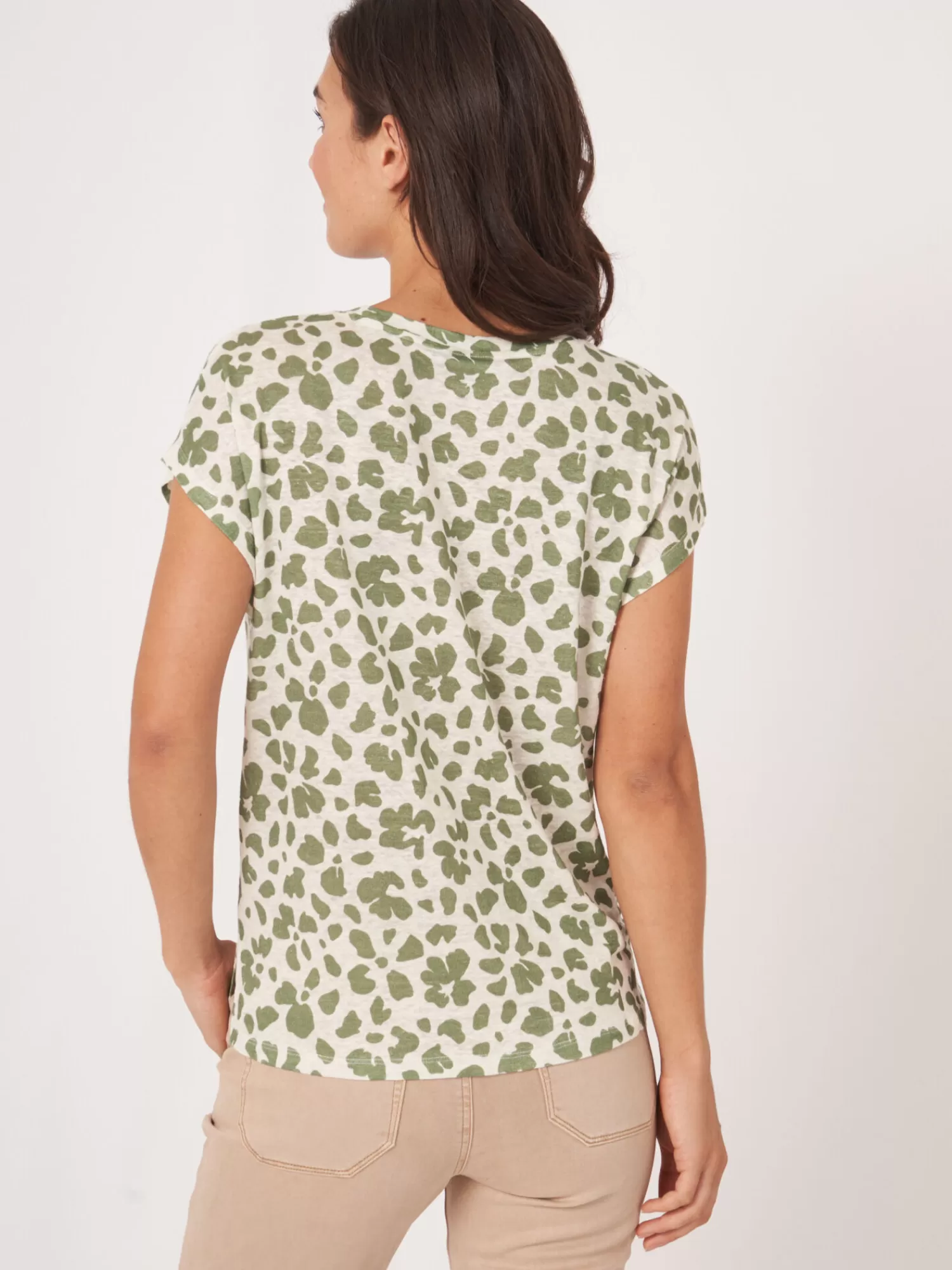 REPEAT cashmere Tops>T-Shirt Mit Blumendruck Aus Leinen Matcha