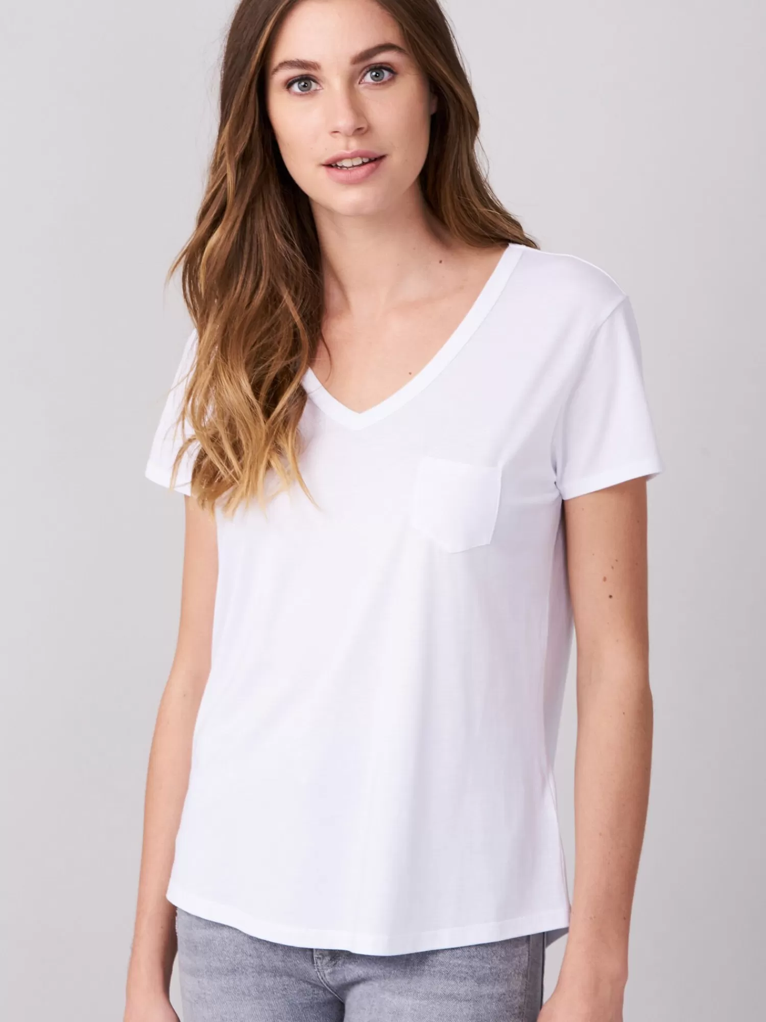 REPEAT cashmere Tops>T-Shirt Mit V-Ausschnitt Und Brusttasche White