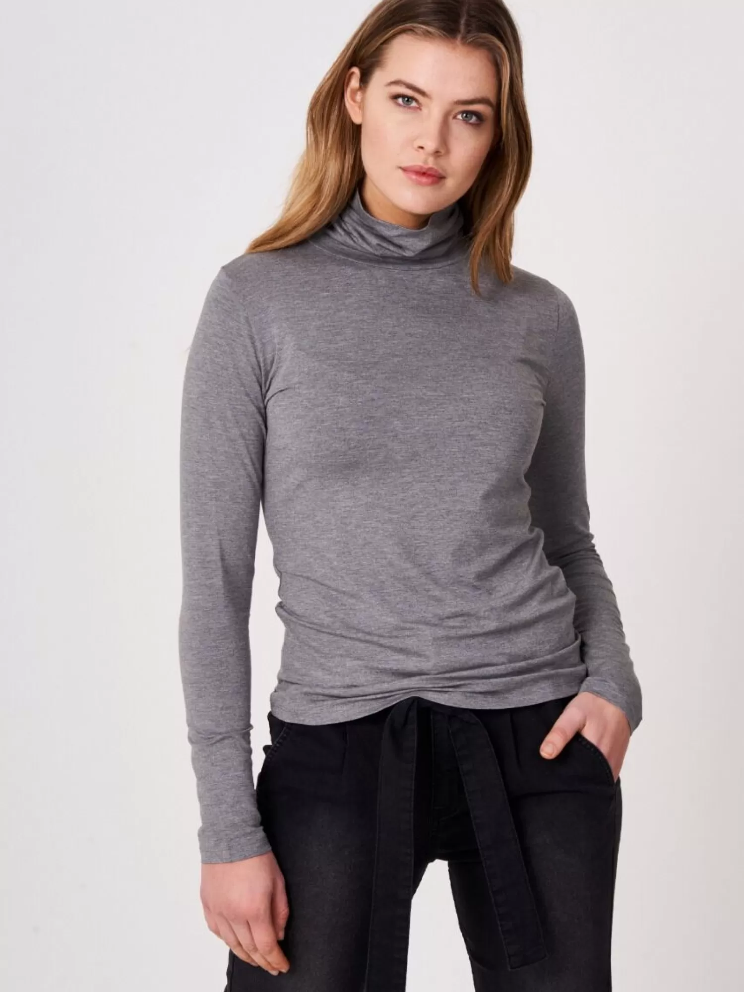 REPEAT cashmere Tops>Unterziehrolli Aus Elastischem Jersey Med Grey