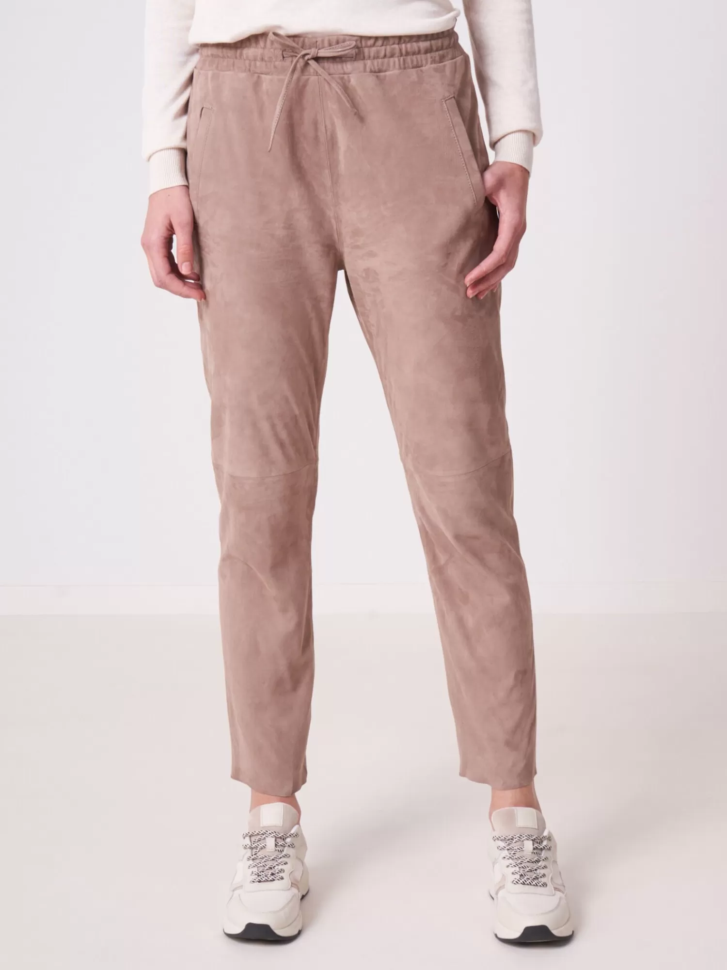 REPEAT cashmere Leder>Wildlederhose Mit Elastischer Taille Taupe