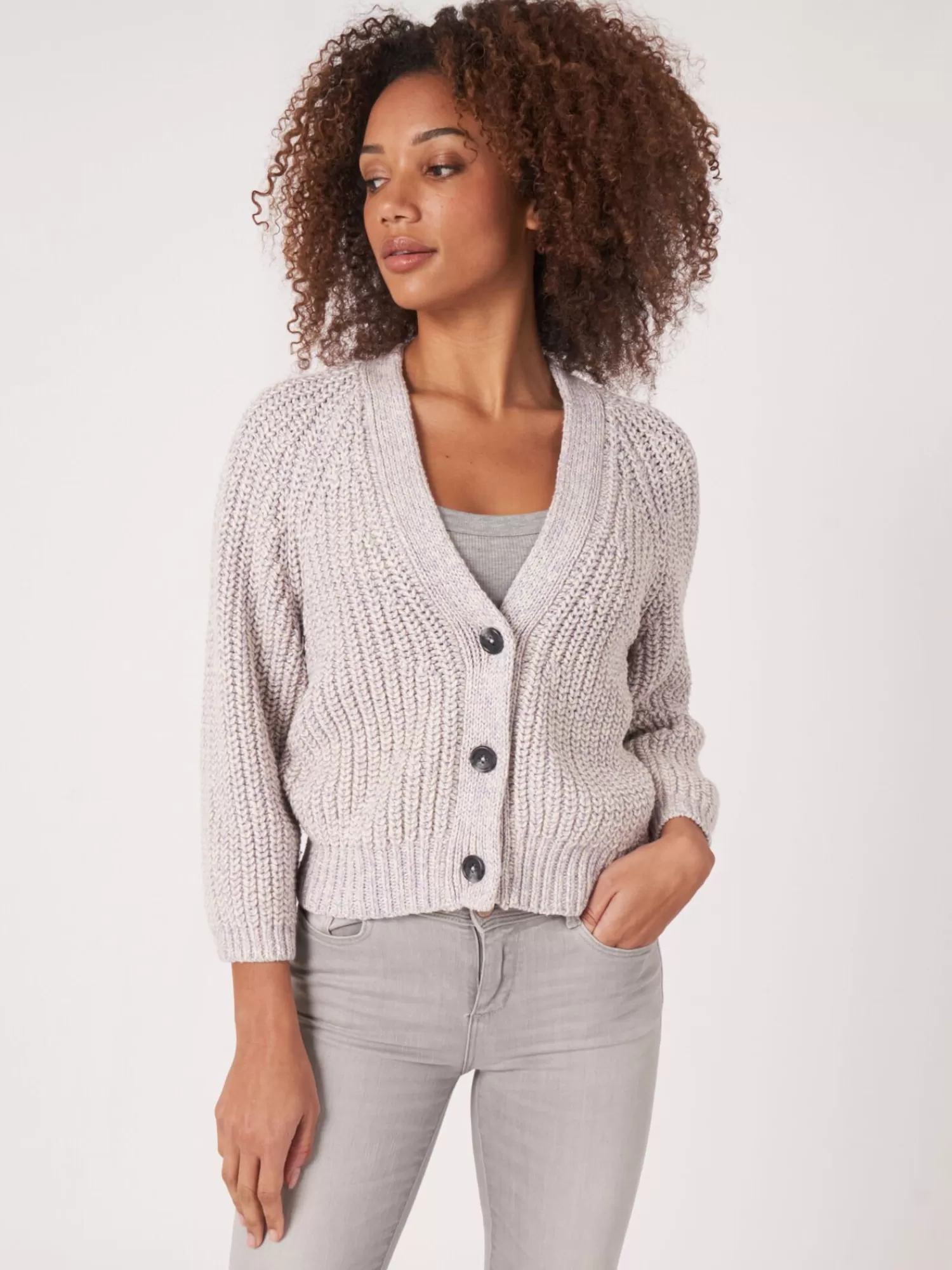 REPEAT cashmere Strickjacken>Zweifarbige Strickjacke Aus Baumwollmischung Mit Größem Rippenstrick Lavender